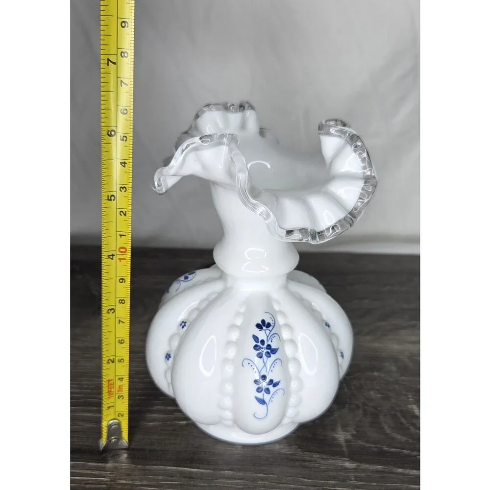 Fenton Elizabeth Silver Crest Beaded Melon Vase Blue Flowers 6